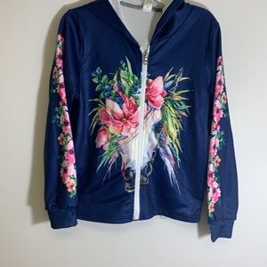 Pixie Girl Floral Horse Hooded Jacket Size 10/12 Navy Zip-Up Lightweight Girls